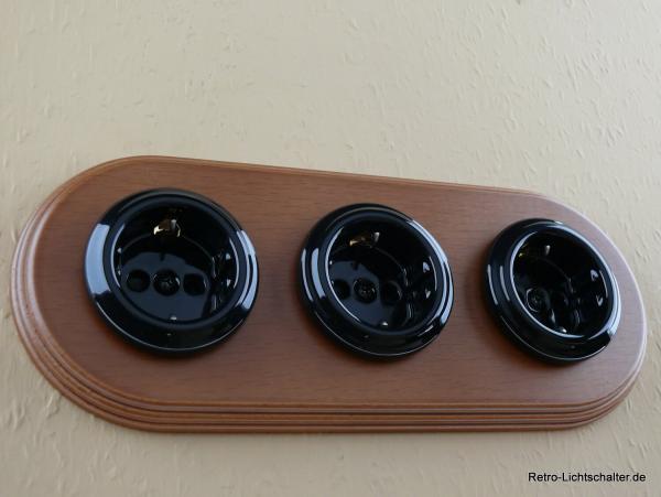 Garby Colonial 3fach Steckdose Porzellan schwarz, 3fach Rahmen Holz Buche honigfarben