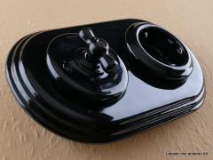 Garby Colonial 2fach Kombination, Aus-Wechsel-Porzellandrehschalter schwarz,  Knebel Porzellan schwarz, Steckdoseneinsatz Porzellan schwarz, seitlich